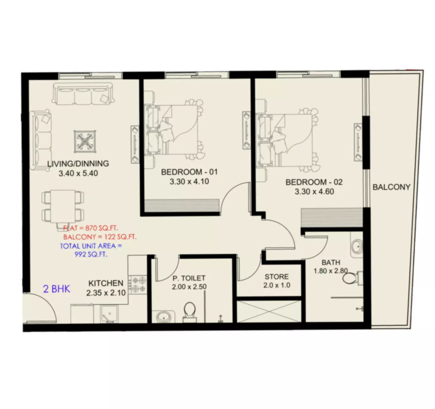 2 Beds 992 Sq. Ft. Apartment in Dugasta Astra Residence