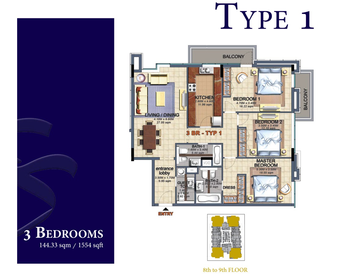 Durar 1 Tower 3 Beds Layout