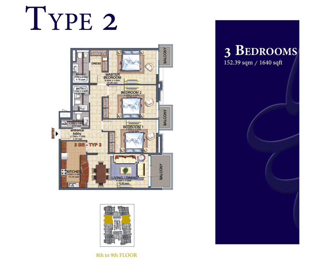 Durar 1 Tower 3 Beds Layout