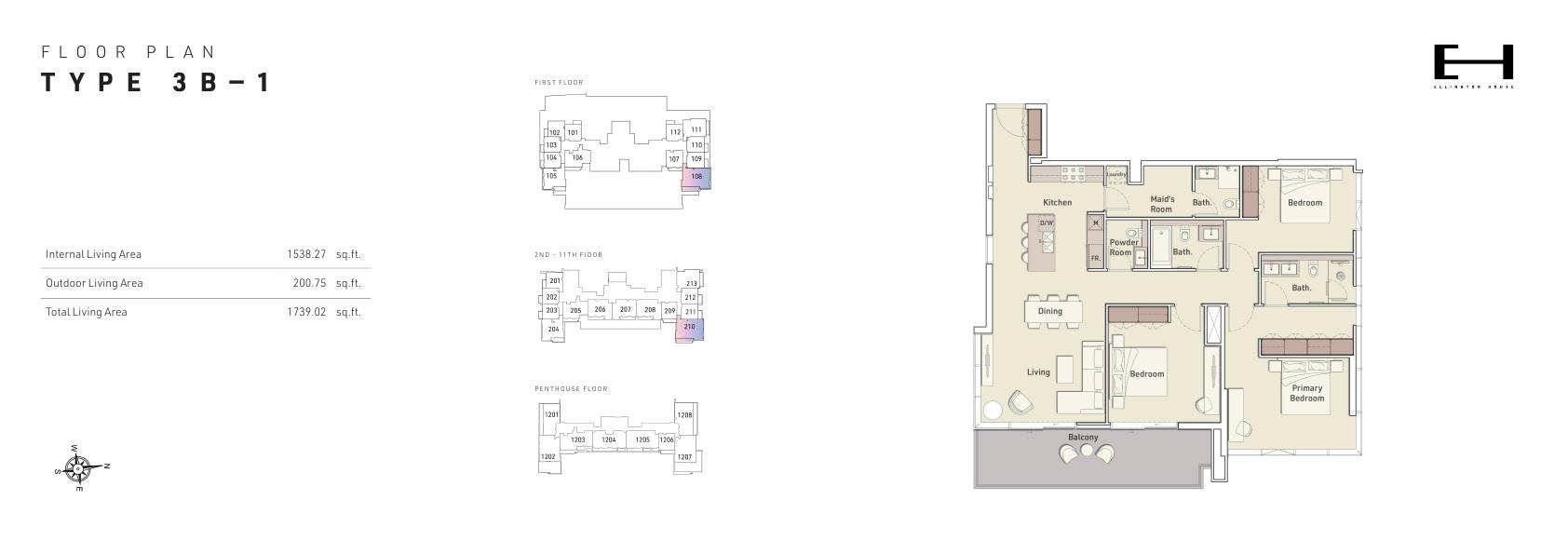 Ellington House 3 Beds Layout