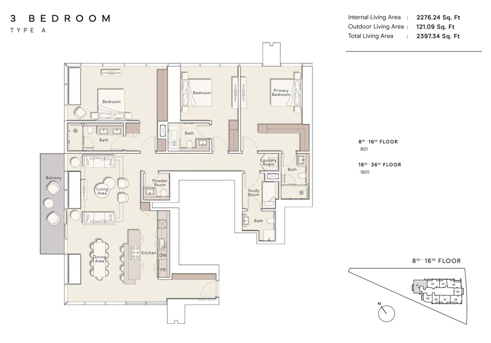Ellington One River Point 3 Beds Layout