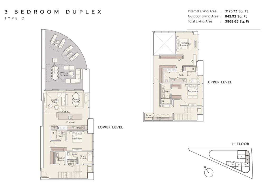 Ellington One River Point 3 Beds Layout