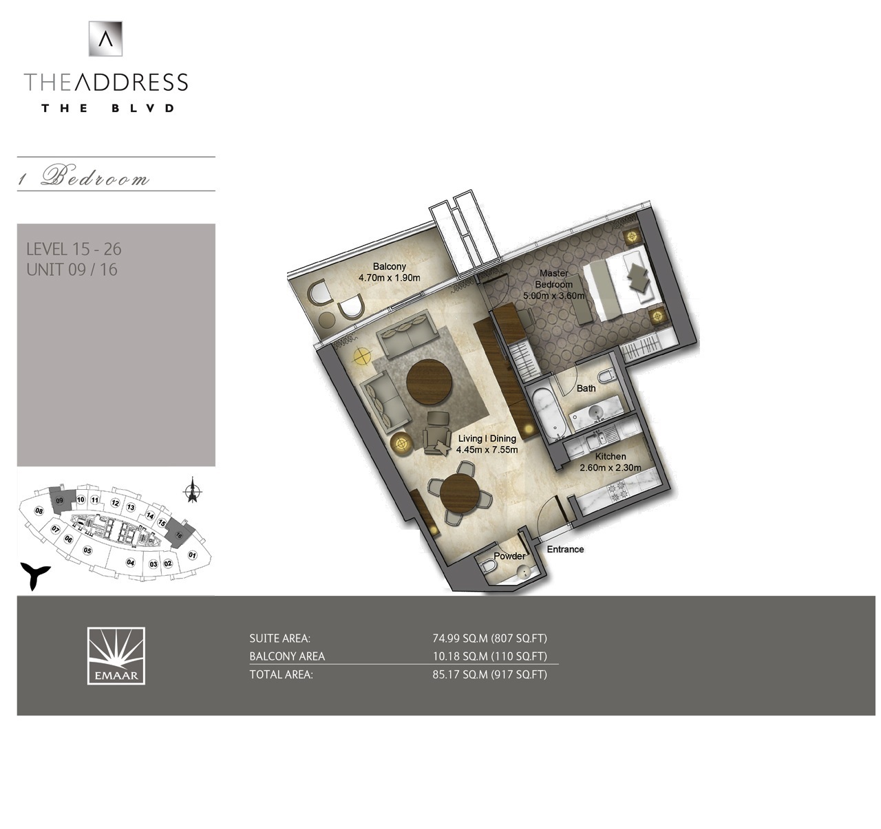 Emaar Address Boulevard 1 Bed Layout