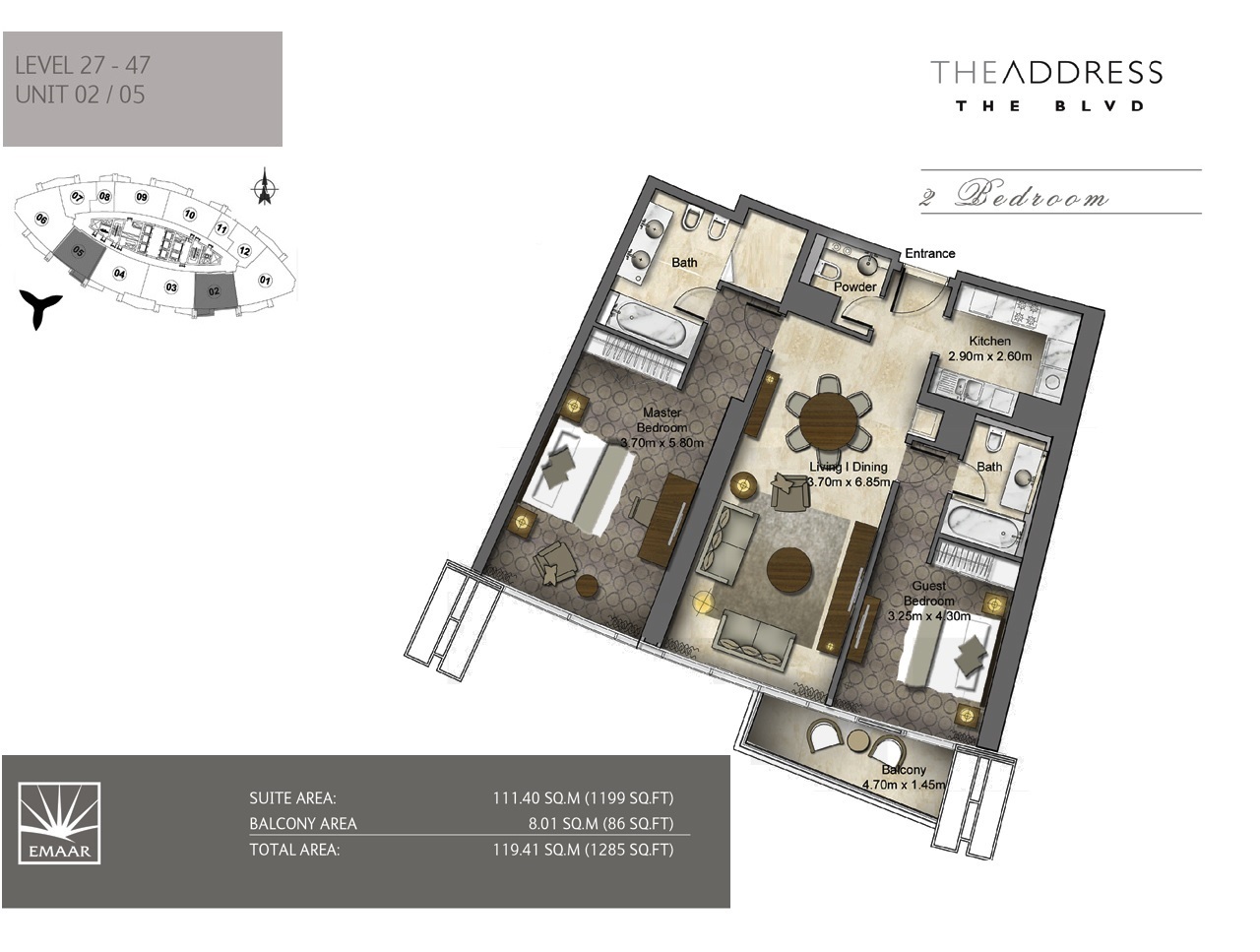 Emaar Address Boulevard 2 Beds Layout