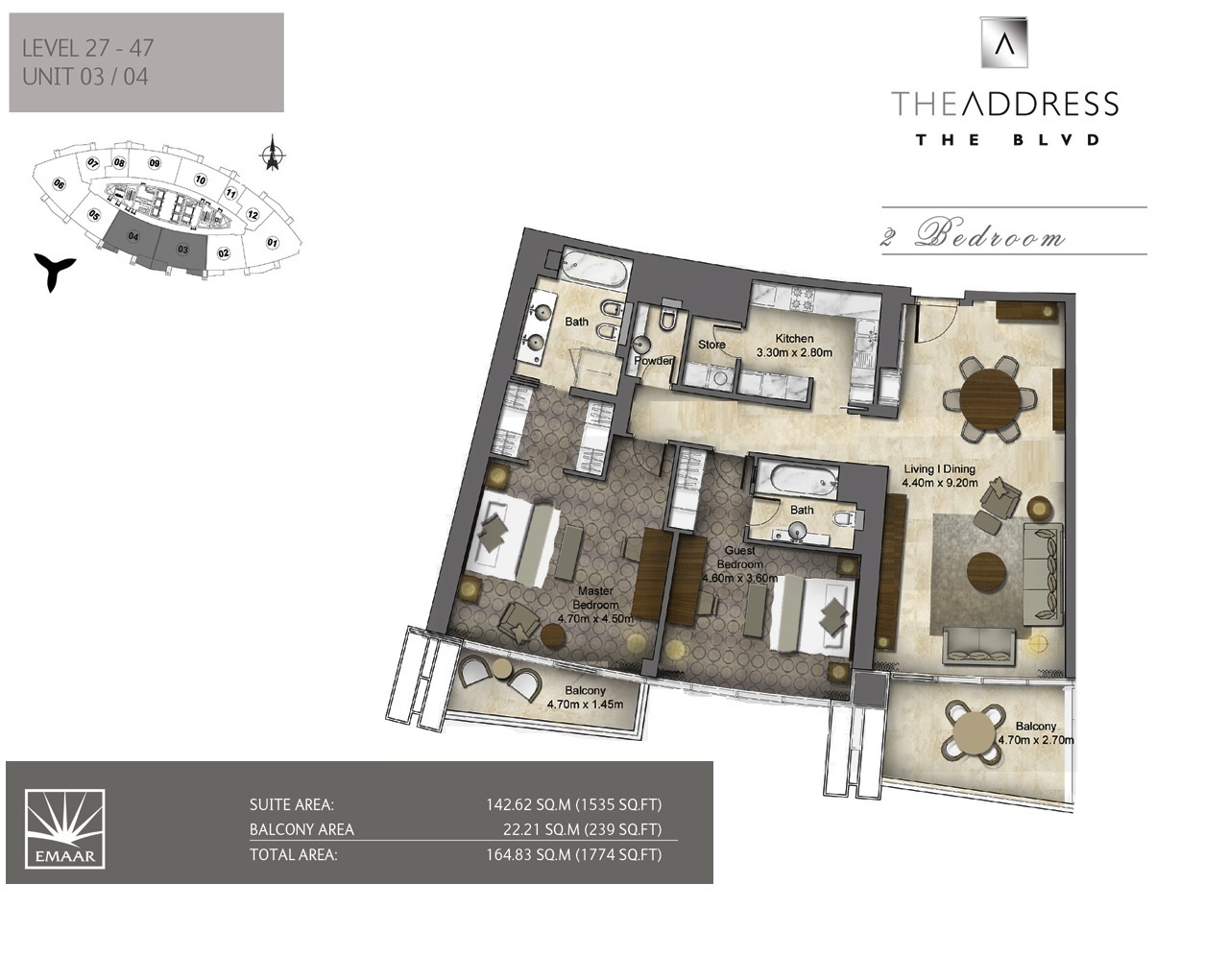 Emaar Address Boulevard 2 Beds Layout
