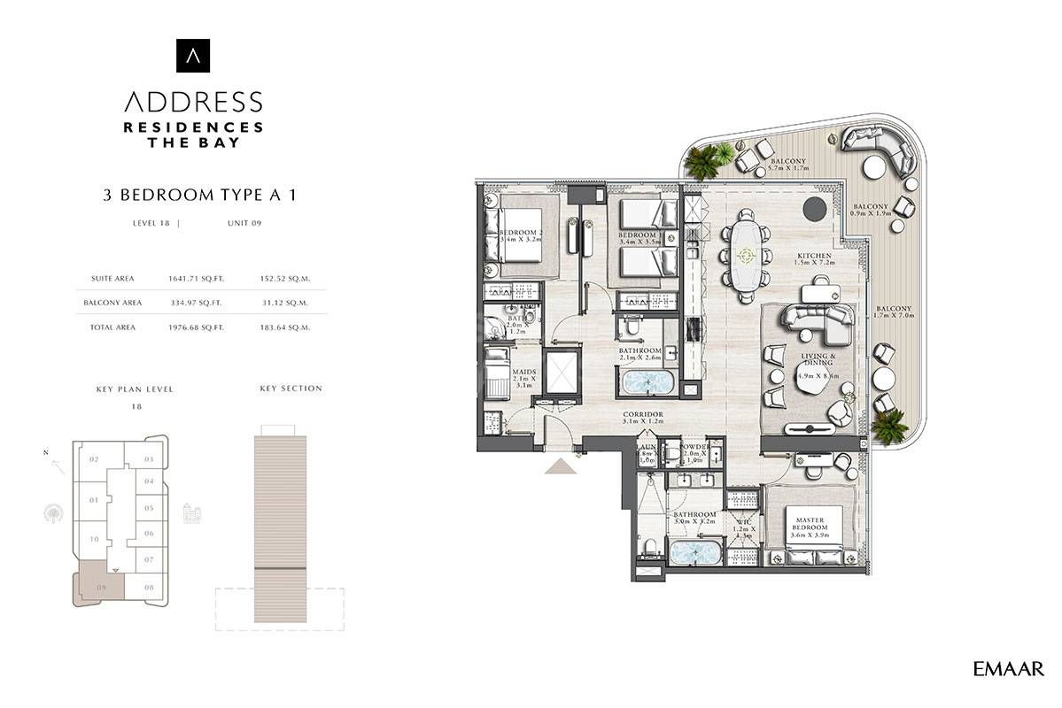 Emaar Address Residences The Bay 3 Beds Layout