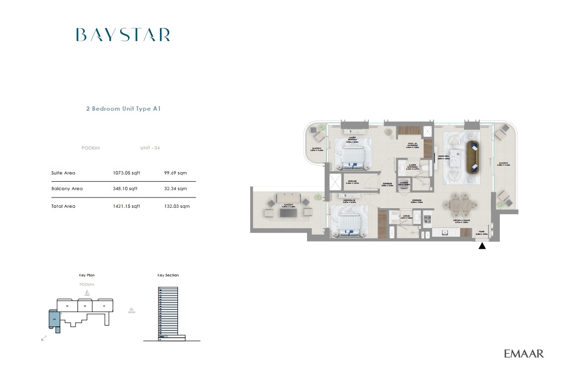 Emaar Baystar Vida 2 Beds Layout