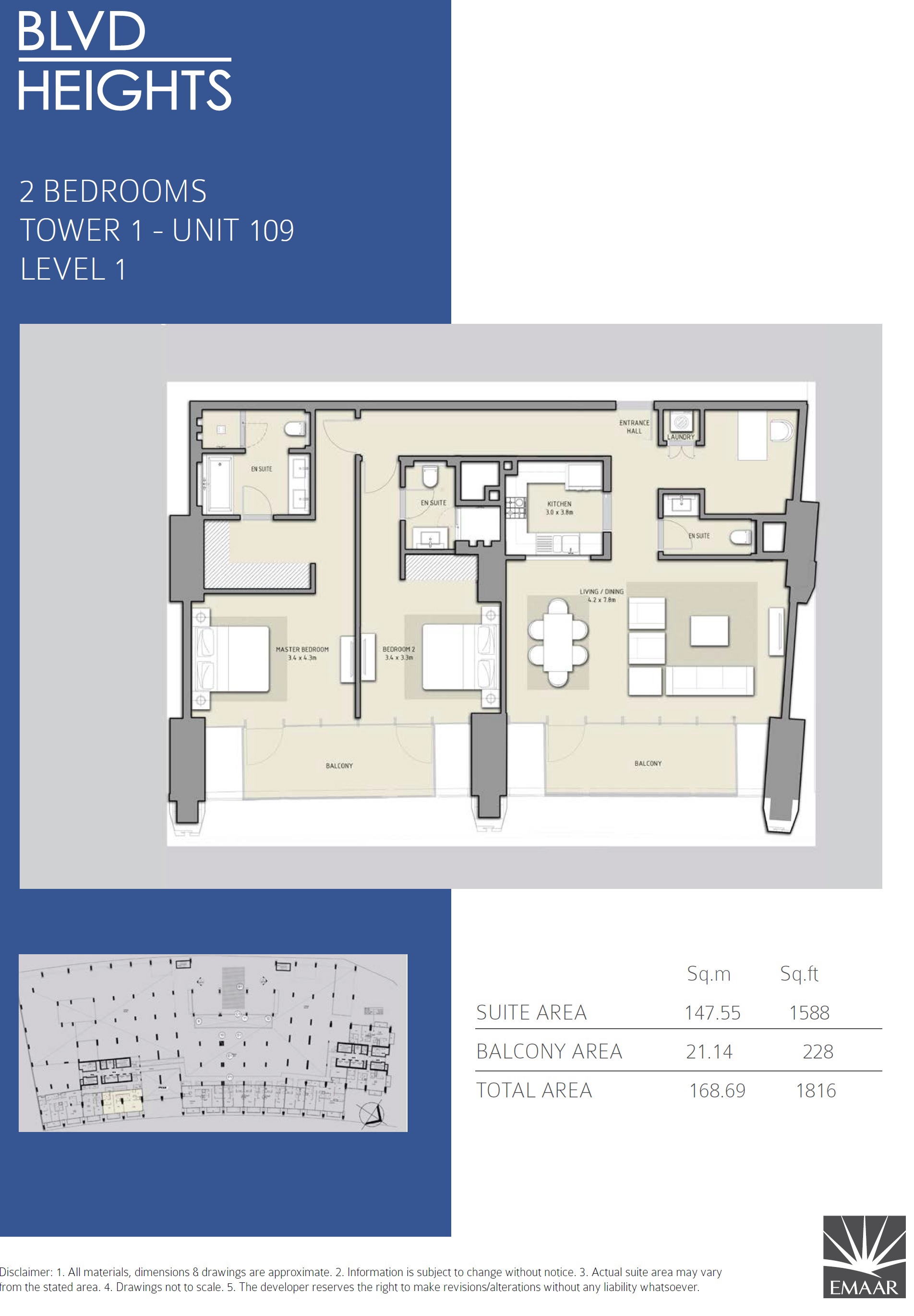 Emaar BLVD Heights 2 Beds Layout
