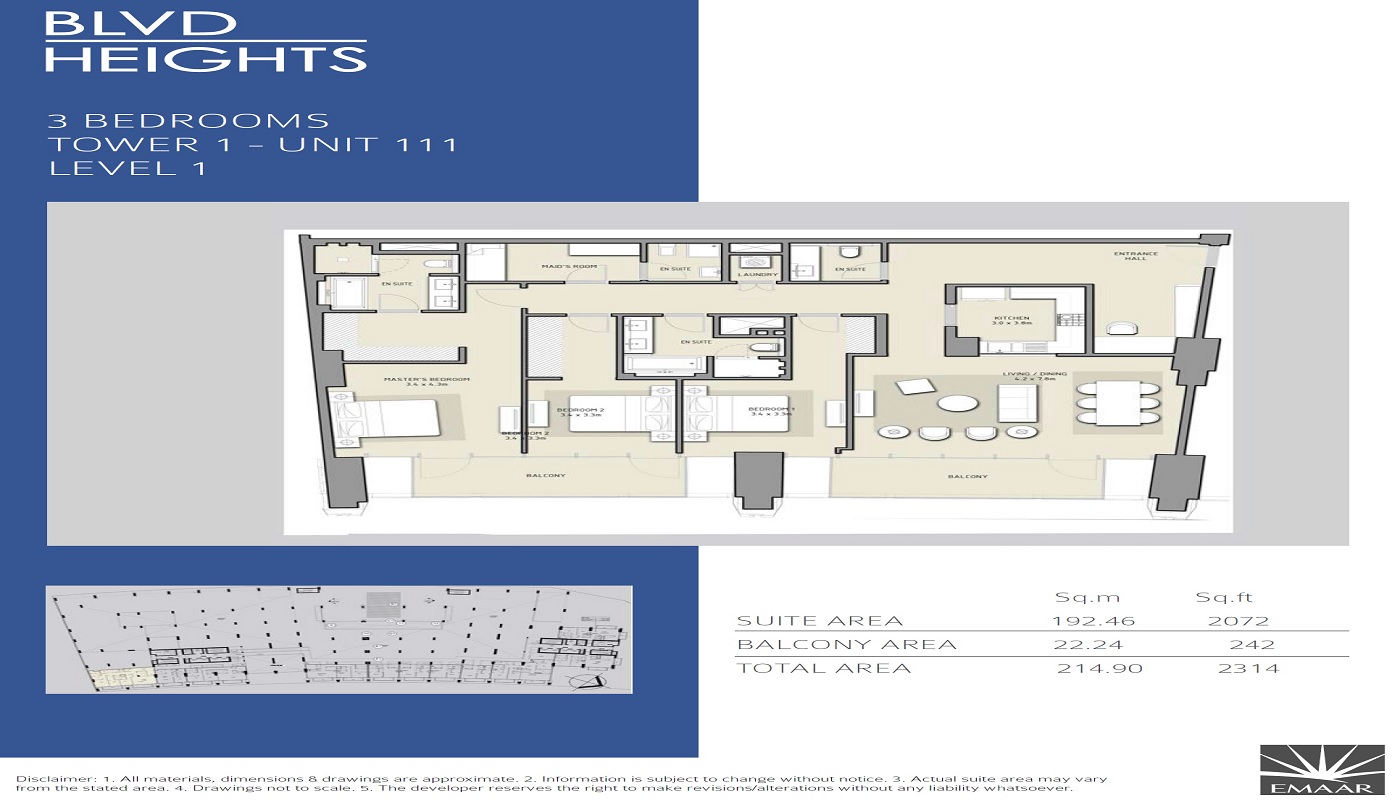 Emaar BLVD Heights 2 Beds Layout