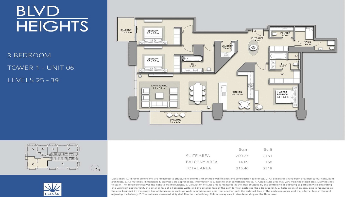 Emaar BLVD Heights 3 Beds Layout