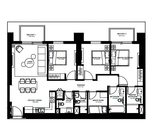 Emaar Burj Crown 3 Beds Layout