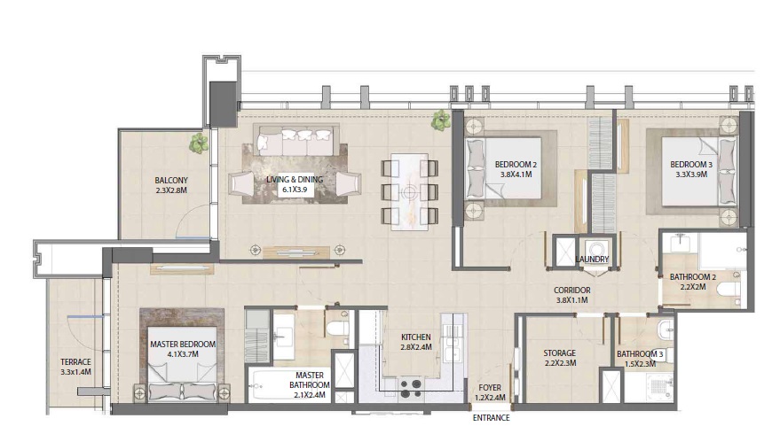 3 Beds 1364 Sq. Ft. Apartment in Emaar Burj Royale