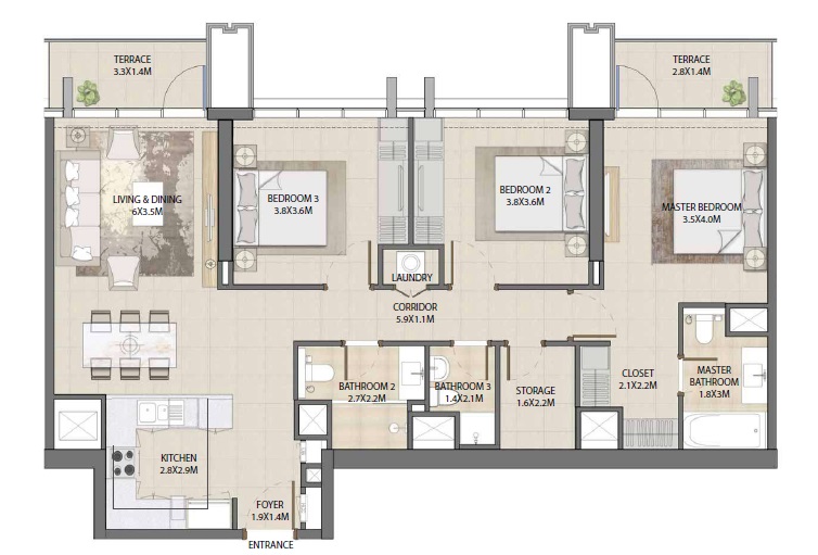 3 Beds 1368 Sq. Ft. Apartment in Emaar Burj Royale