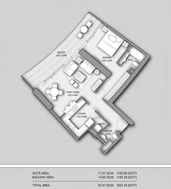 Emaar Burj Vista 1 Bed Layout