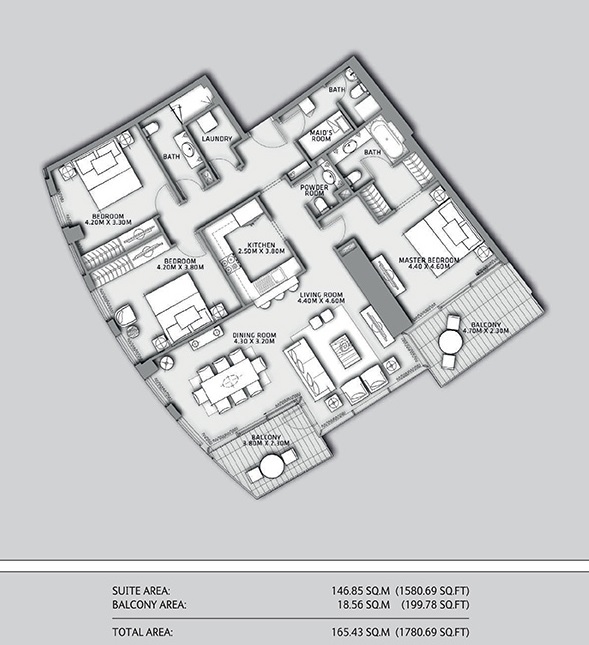 Emaar Burj Vista 3 Beds Layout