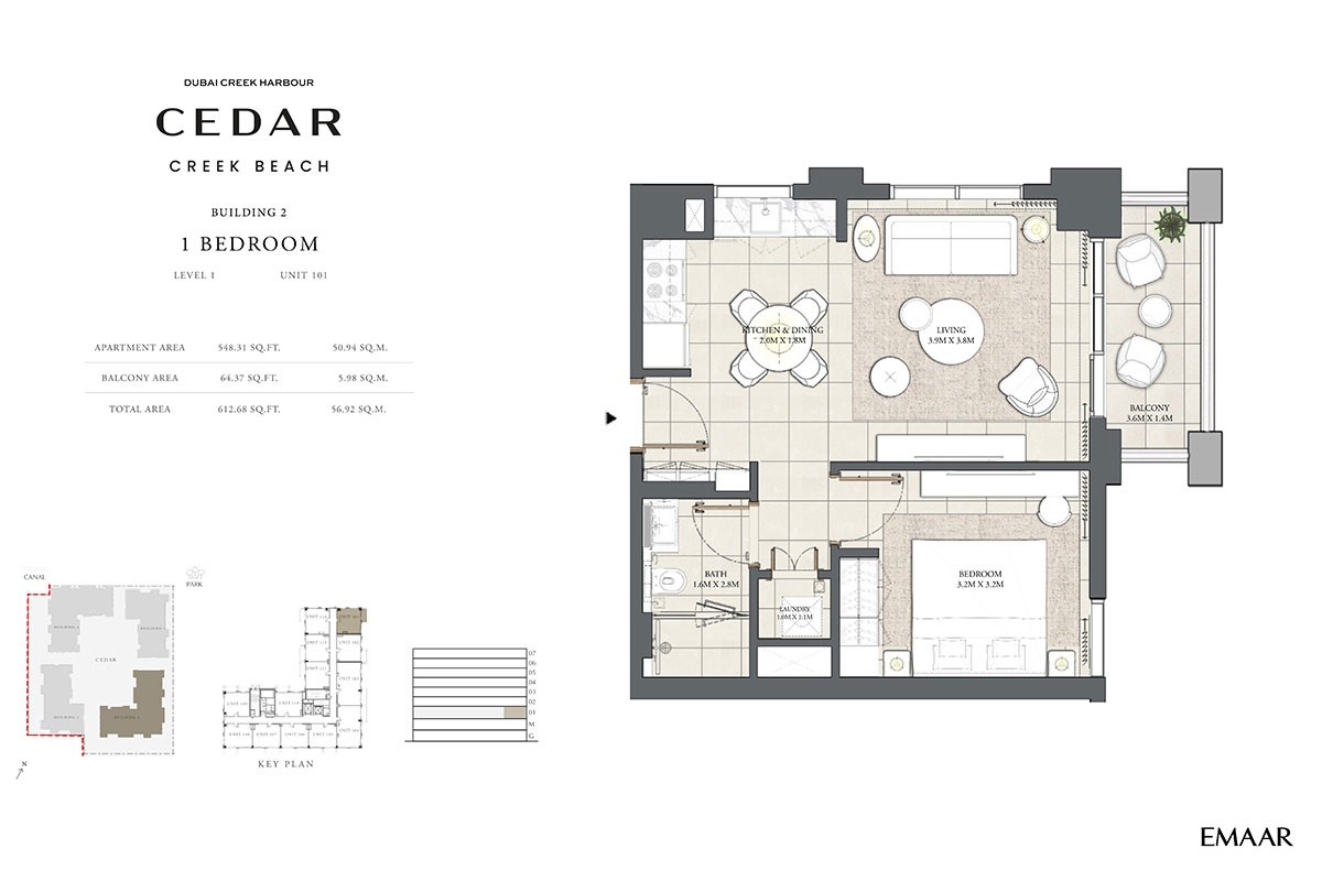 Emaar Cedar Creek Beach 1 Bed Layout