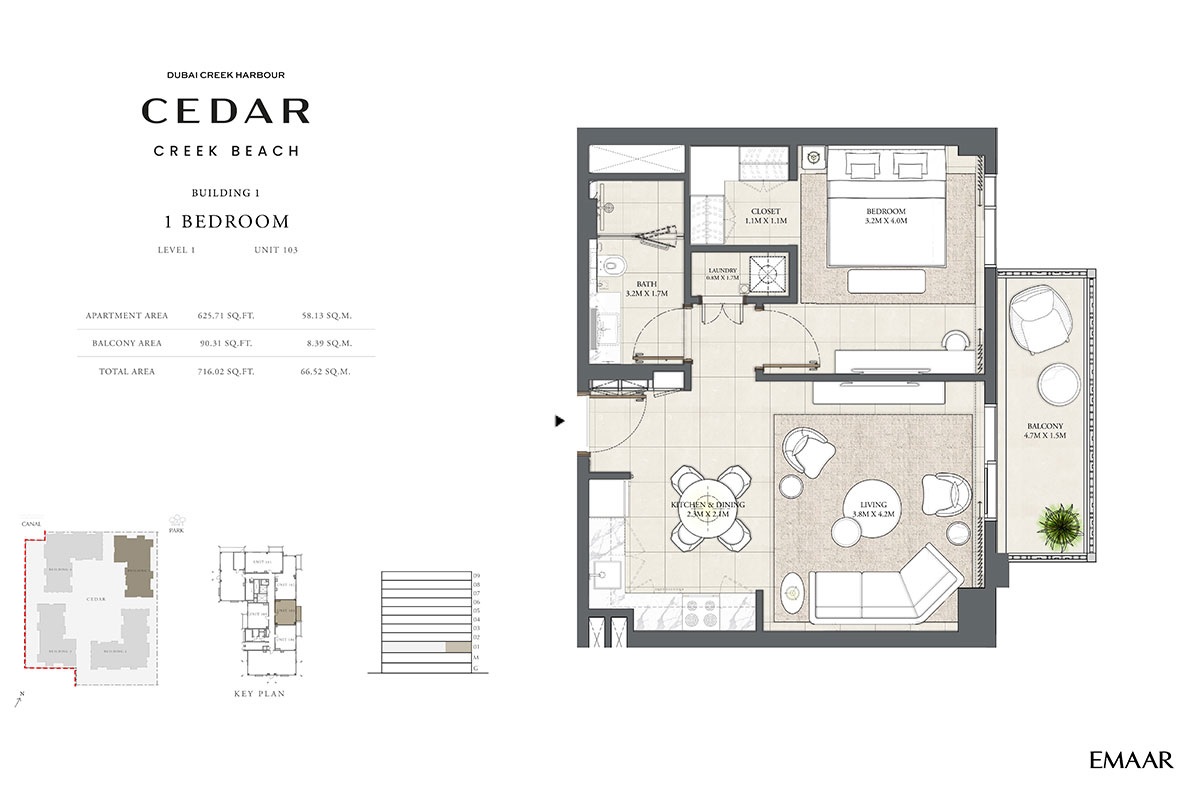 Emaar Cedar Creek Beach 1 Bed Layout