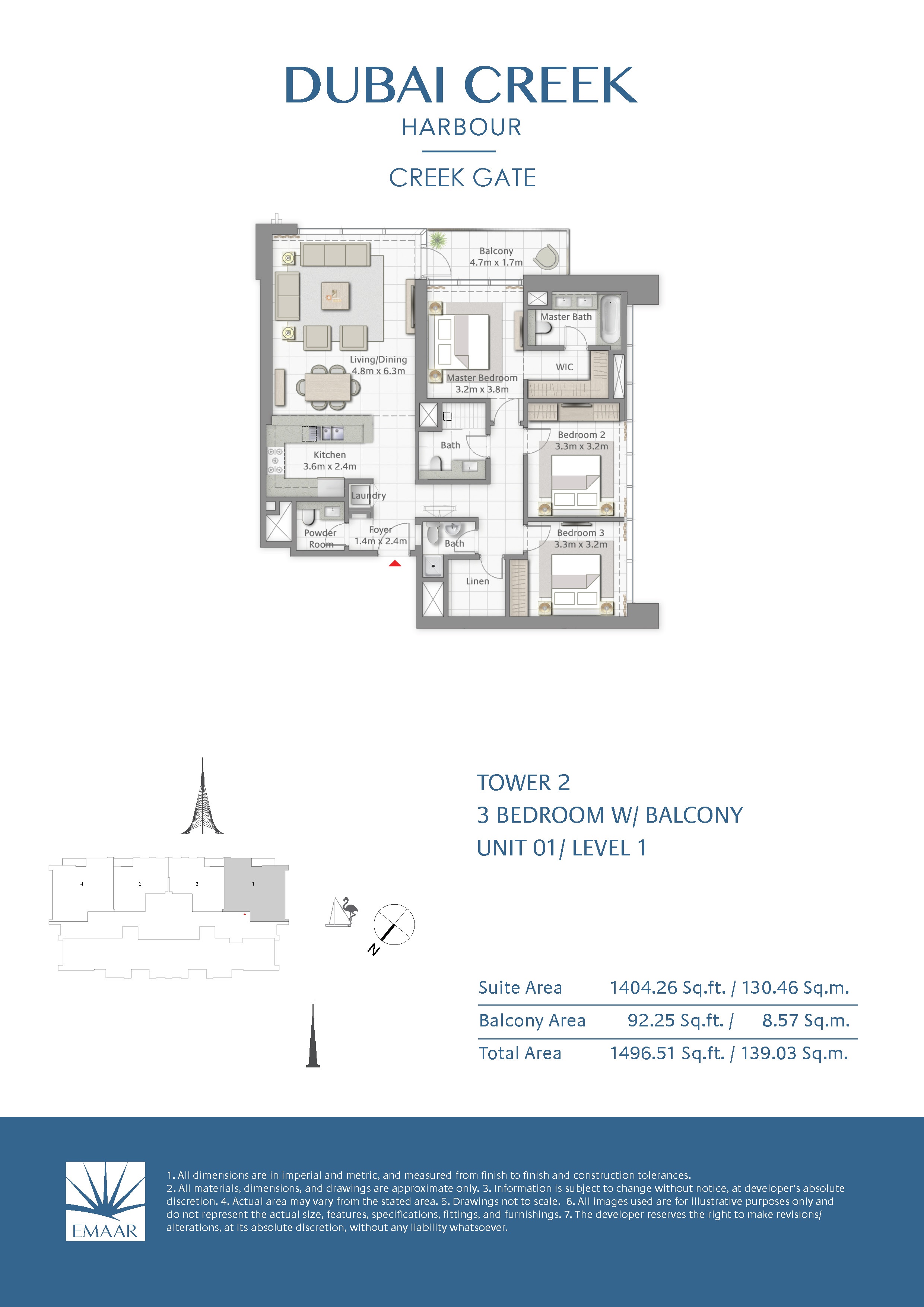 Emaar Creek Gate Apartments 3 Beds Layout
