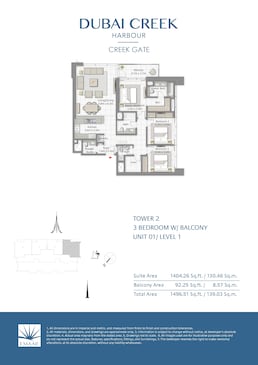 3 Beds 1497 Sq. Ft. Apartment in Emaar Creek Gate Apartments