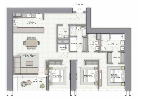 3 Beds 1709 Sq. Ft. Apartment in Emaar Forte