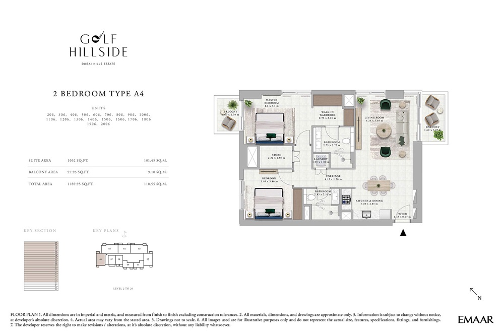 Emaar Golf Hillside 2 Beds Layout