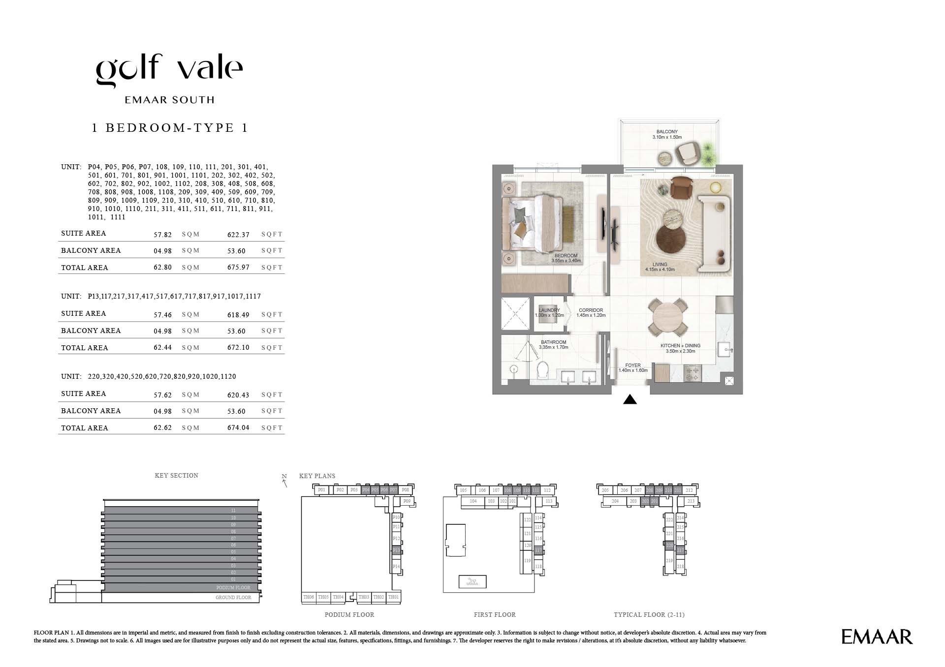 Emaar Golf Vale 1 Bed Layout