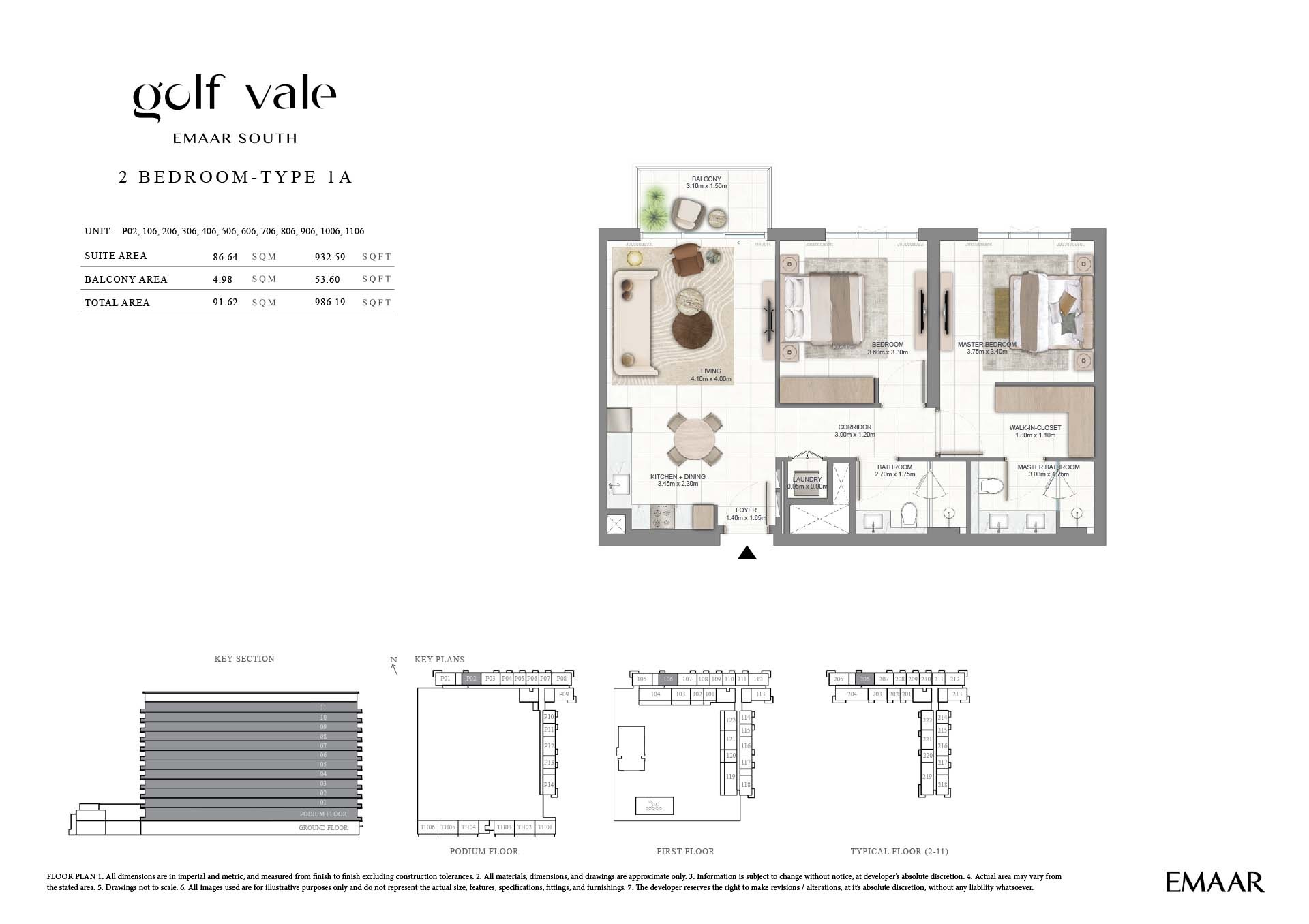 Emaar Golf Vale 2 Beds Layout