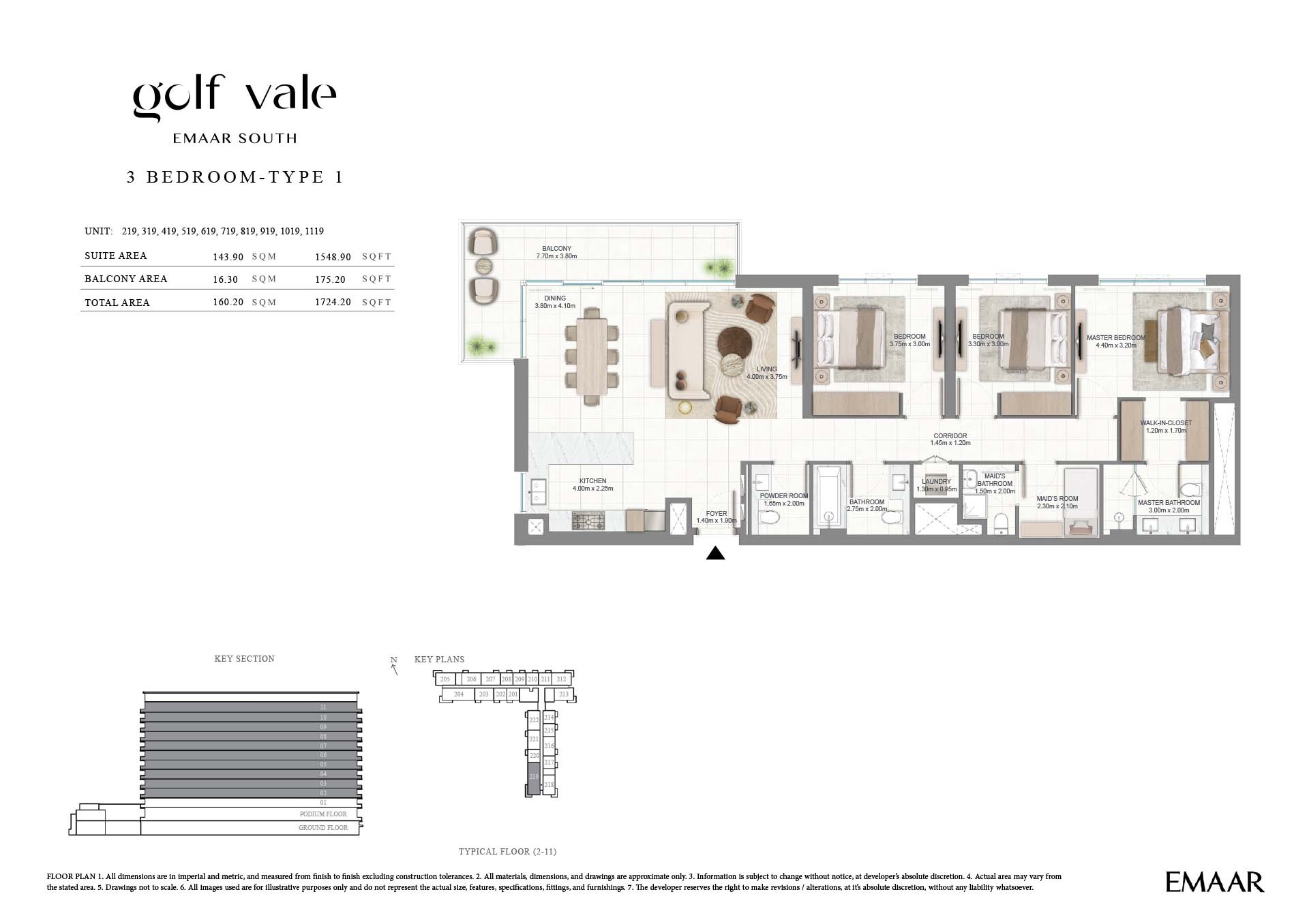 Emaar Golf Vale 3 Beds Layout
