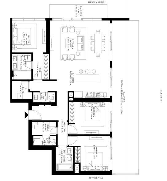Emaar Grand Bleu Tower 3 Beds Layout