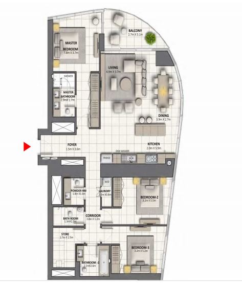 3 Beds 1861 Sq. Ft. Apartment in Emaar Grande Signature Residences