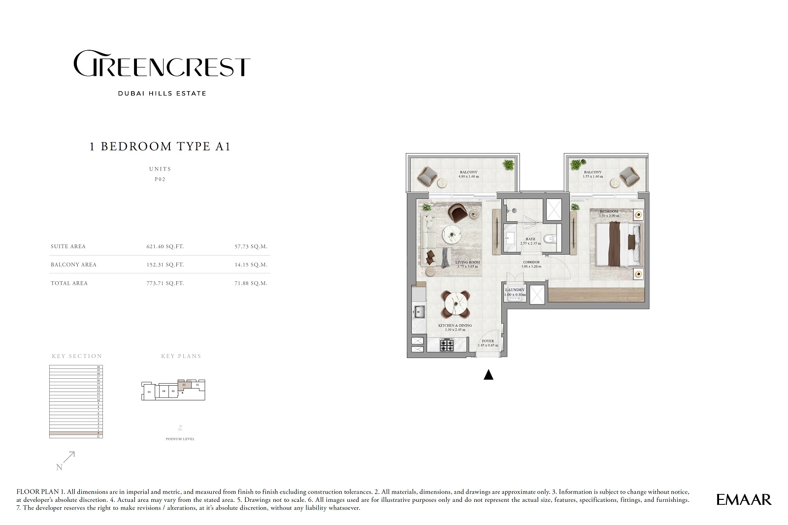 Emaar Greencrest 1 Bed Layout