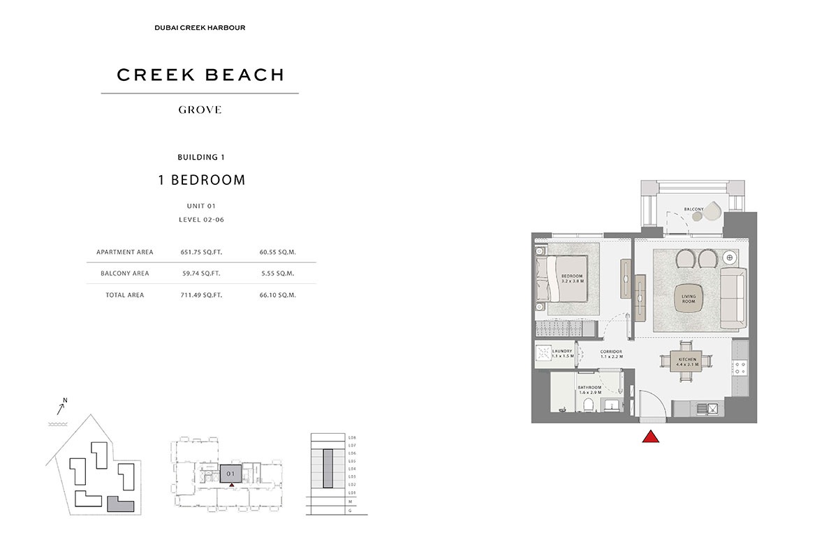 Emaar Grove Creek Beach 1 Bed Layout