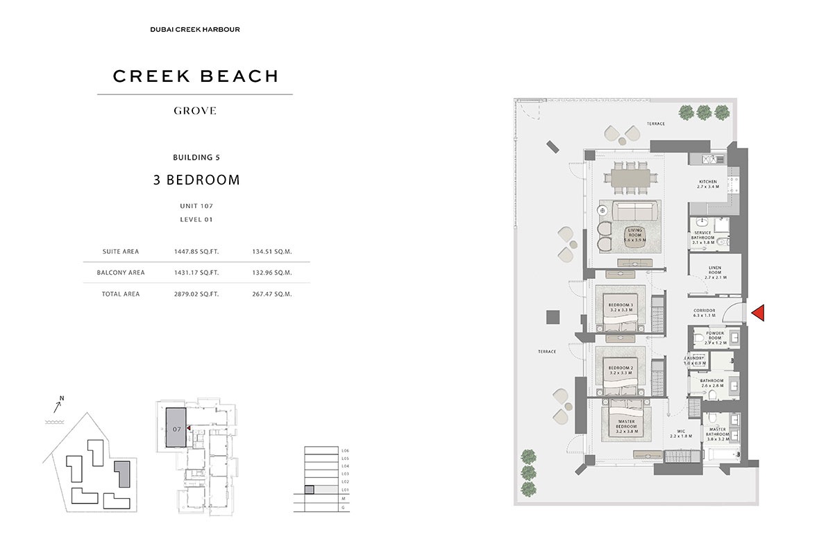 Emaar Grove Creek Beach 3 Beds Layout