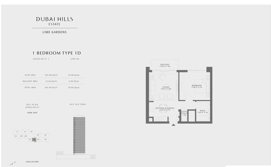 Emaar Lime Gardens 1 Bed Layout