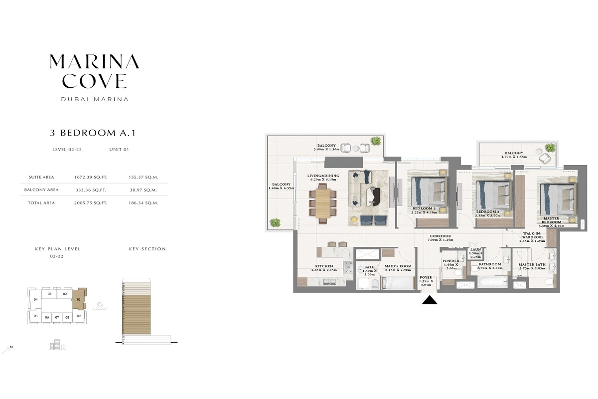 Emaar Marina Cove 3 Beds Layout
