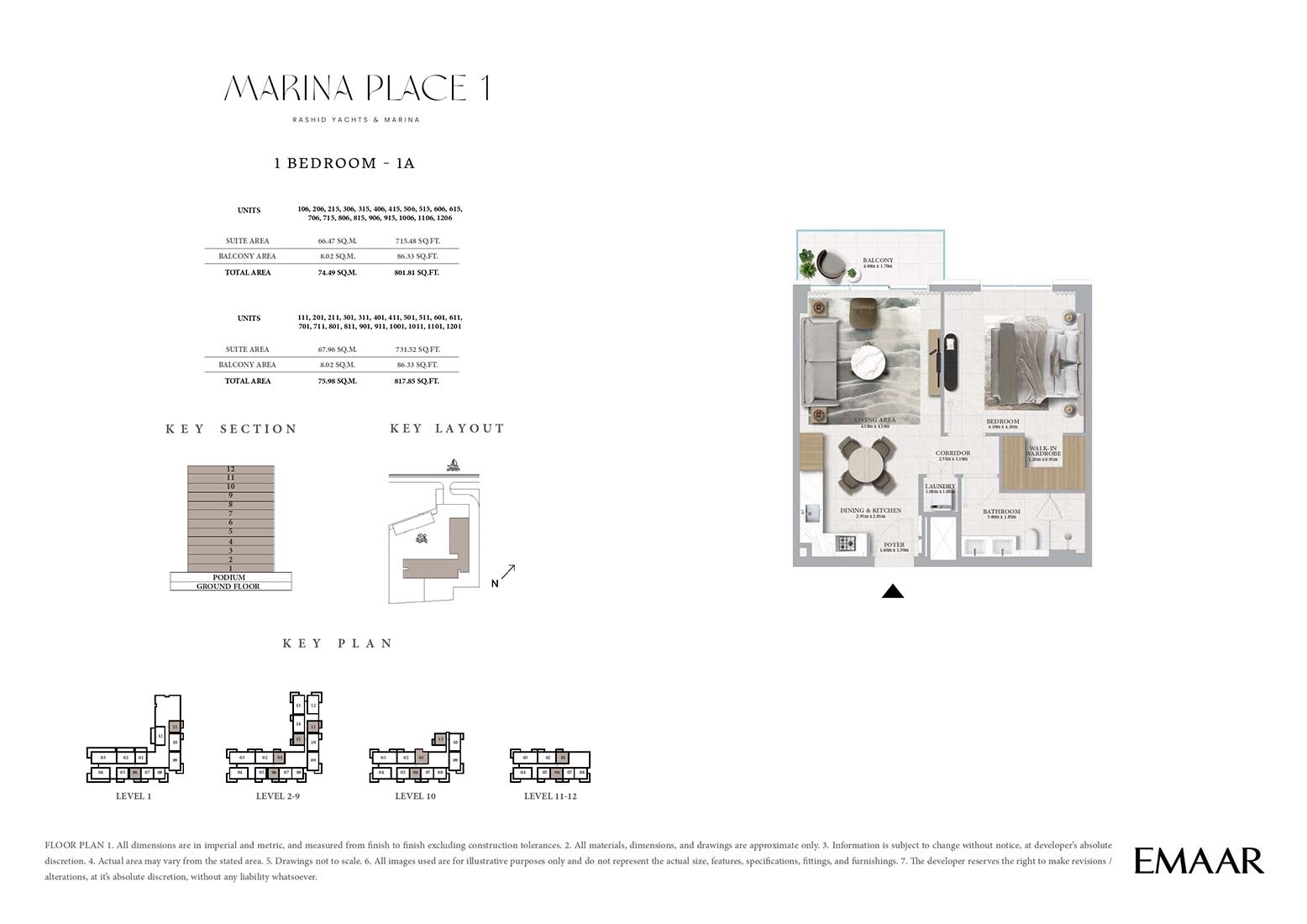 Emaar Marina Place 1 Bed Layout