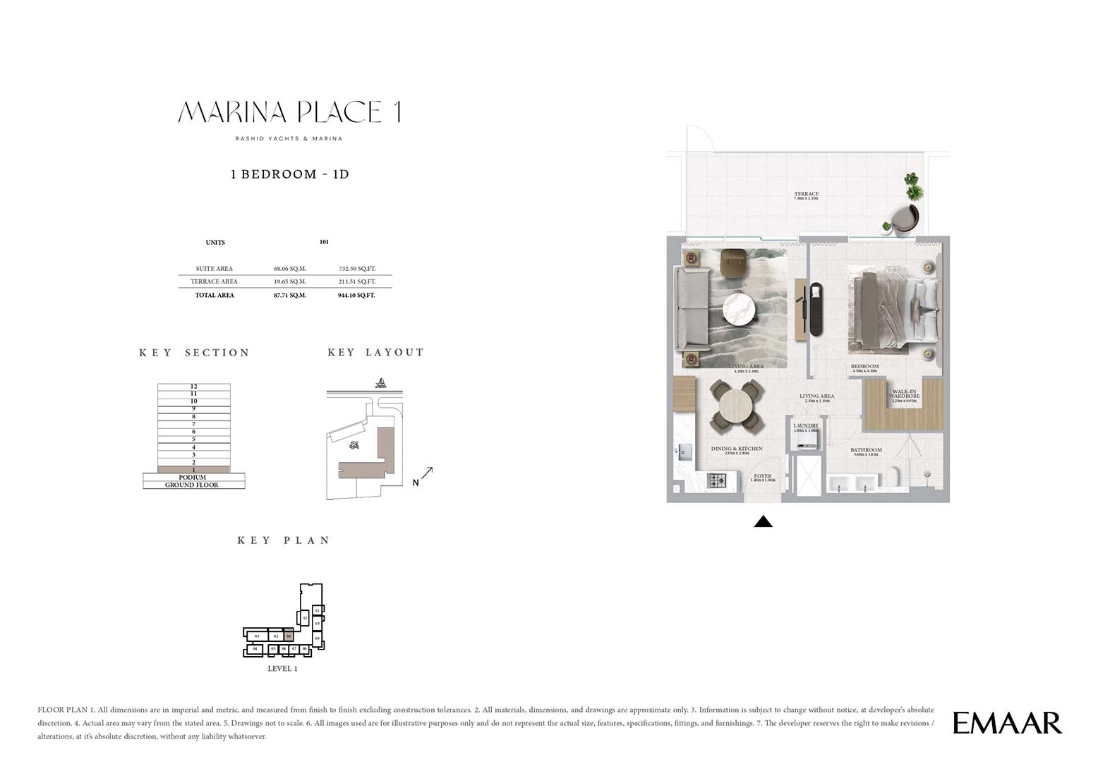Emaar Marina Place 1 Bed Layout