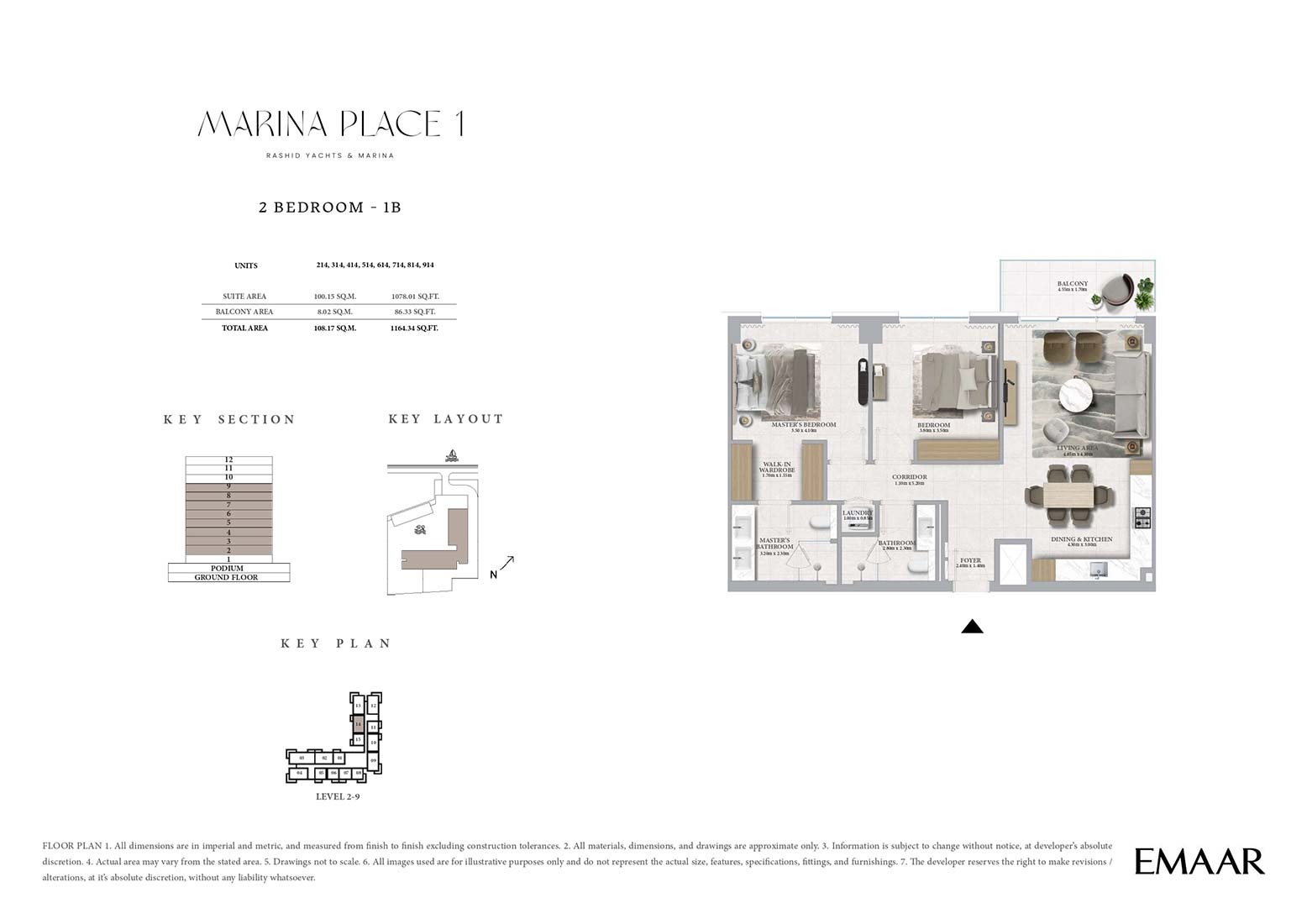 Emaar Marina Place 2 Beds Layout