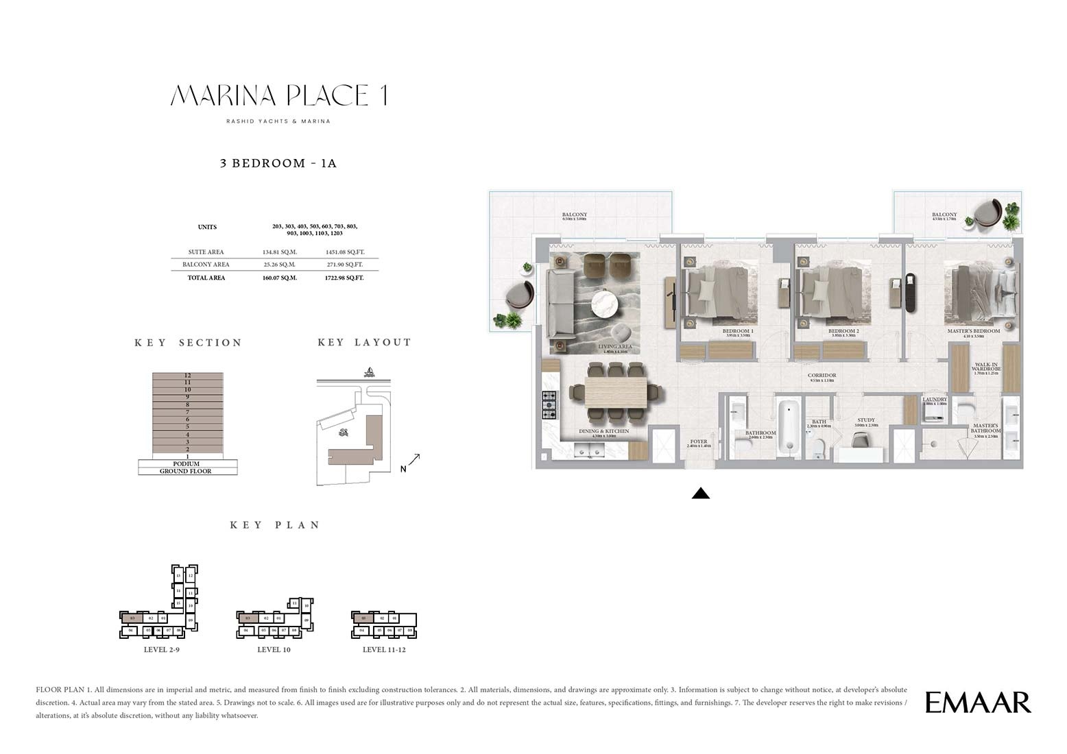 Emaar Marina Place 3 Beds Layout