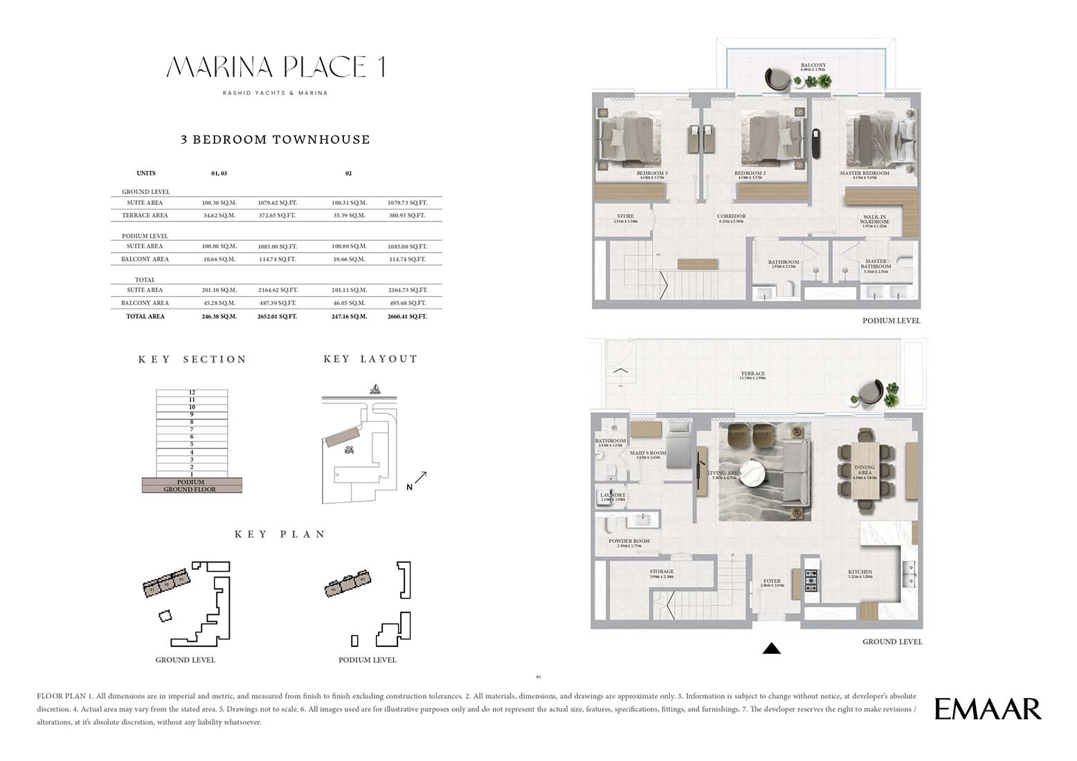 Emaar Marina Place 3 Beds Layout