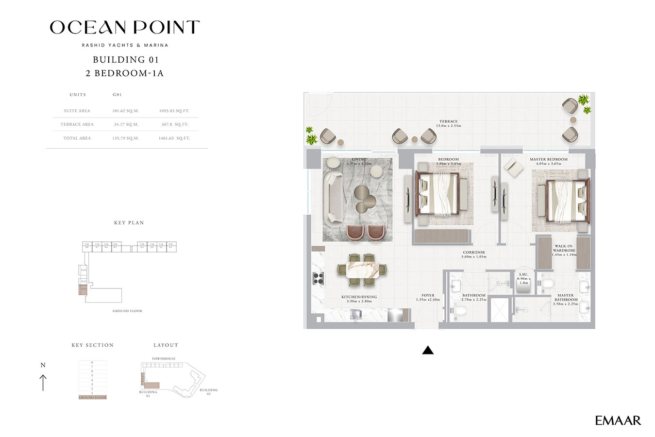 Emaar Ocean Point 2 Beds Layout