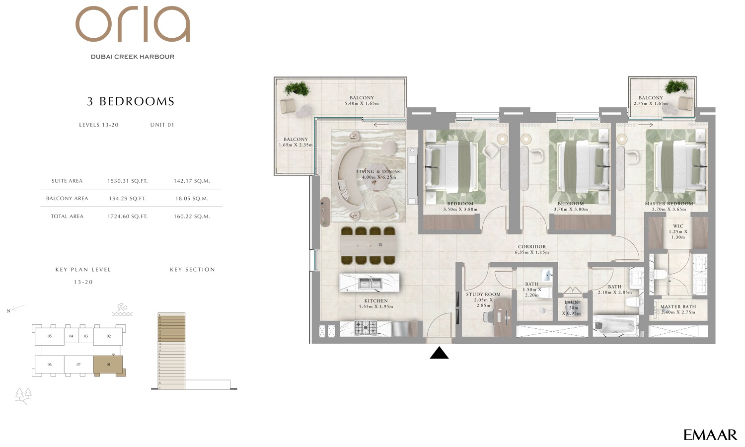 3 Beds 1725 Sq. Ft. Apartment in Emaar Oria Apartments