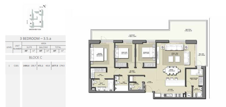 3 Beds 1877 Sq. Ft. Apartment in Emaar Park Point