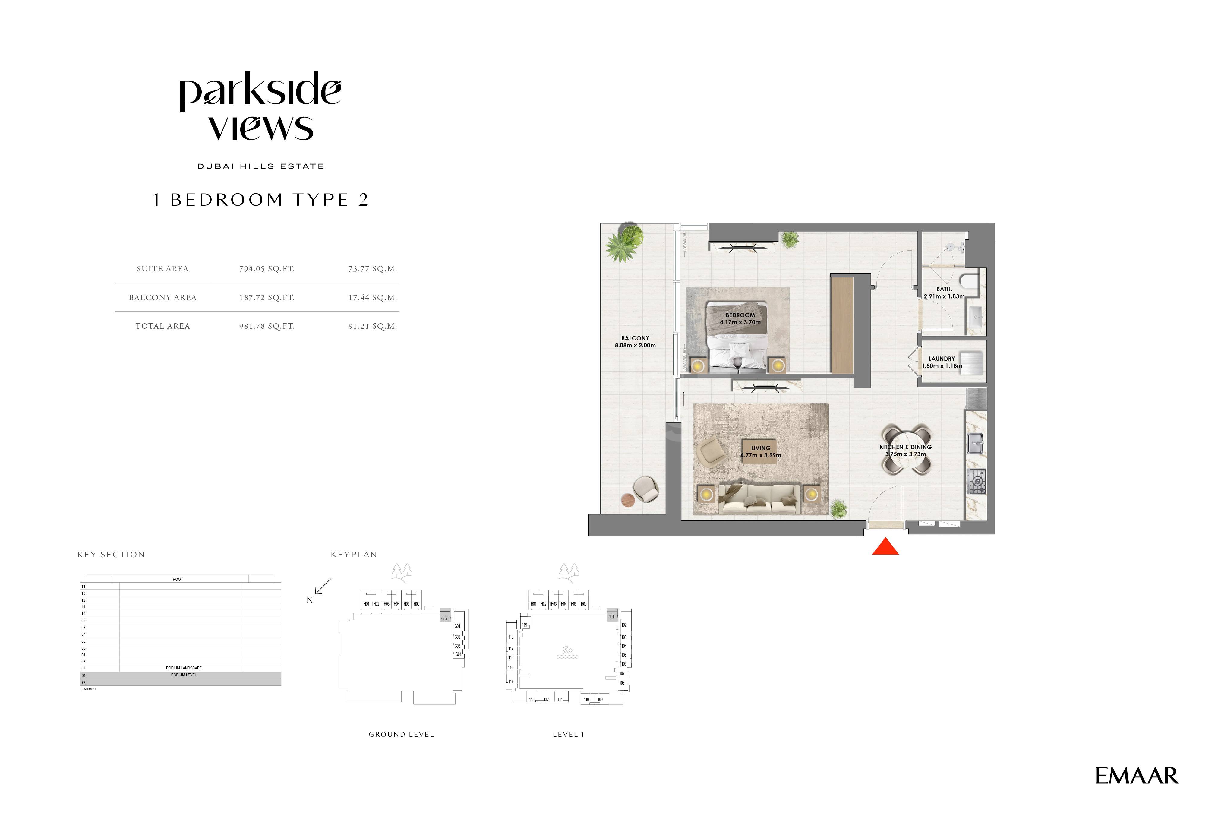 Emaar Parkside Views 1 Bed Layout