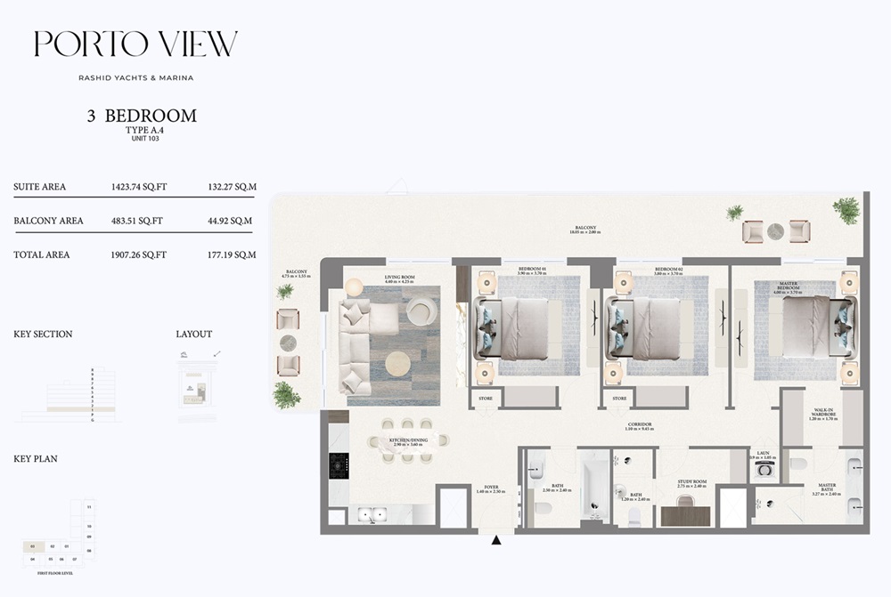 Emaar Porto View 3 Beds Layout