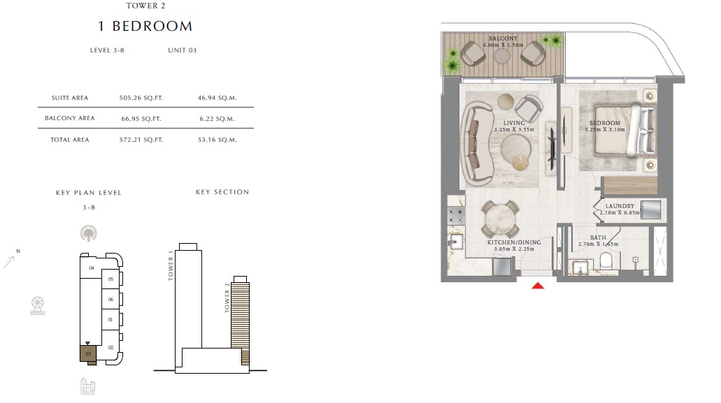 Emaar Seapoint Apartments 1 Bed Layout