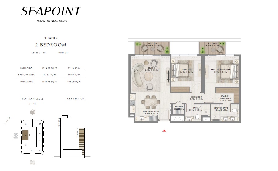 2 Beds 1141 Sq. Ft. Apartment in Emaar Seapoint Apartments