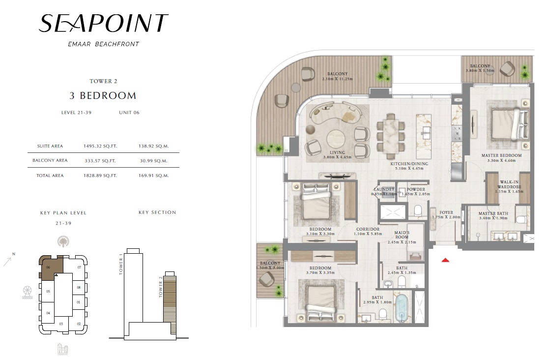3 Beds 1829 Sq. Ft. Apartment in Emaar Seapoint Apartments