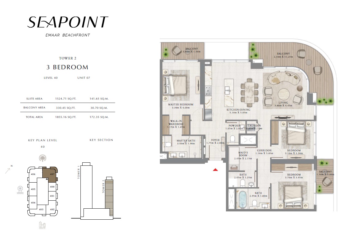 3 Beds 1855 Sq. Ft. Apartment in Emaar Seapoint Apartments