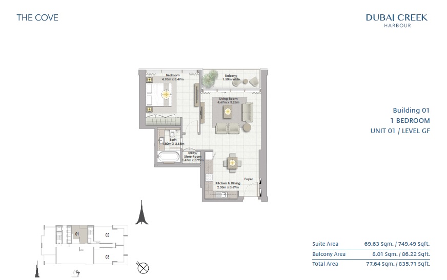Emaar The Cove 1 Bed Layout